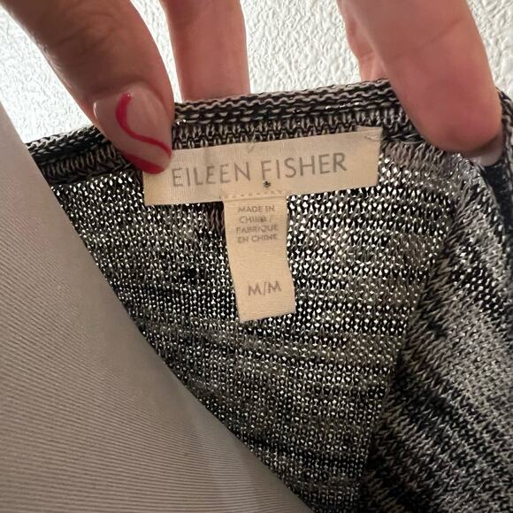 EILEEN FISHER Knit lightweight sweater MEDIUM Black Grey Striped Organic Linen - Picture 5 of 7